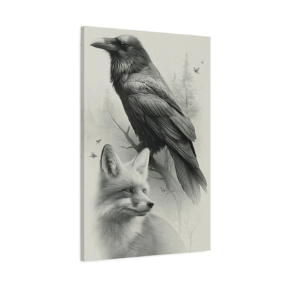 Tableau dessin poetique corbeau et renard en noir et gris - toile 3D avec bords imprimés visibles