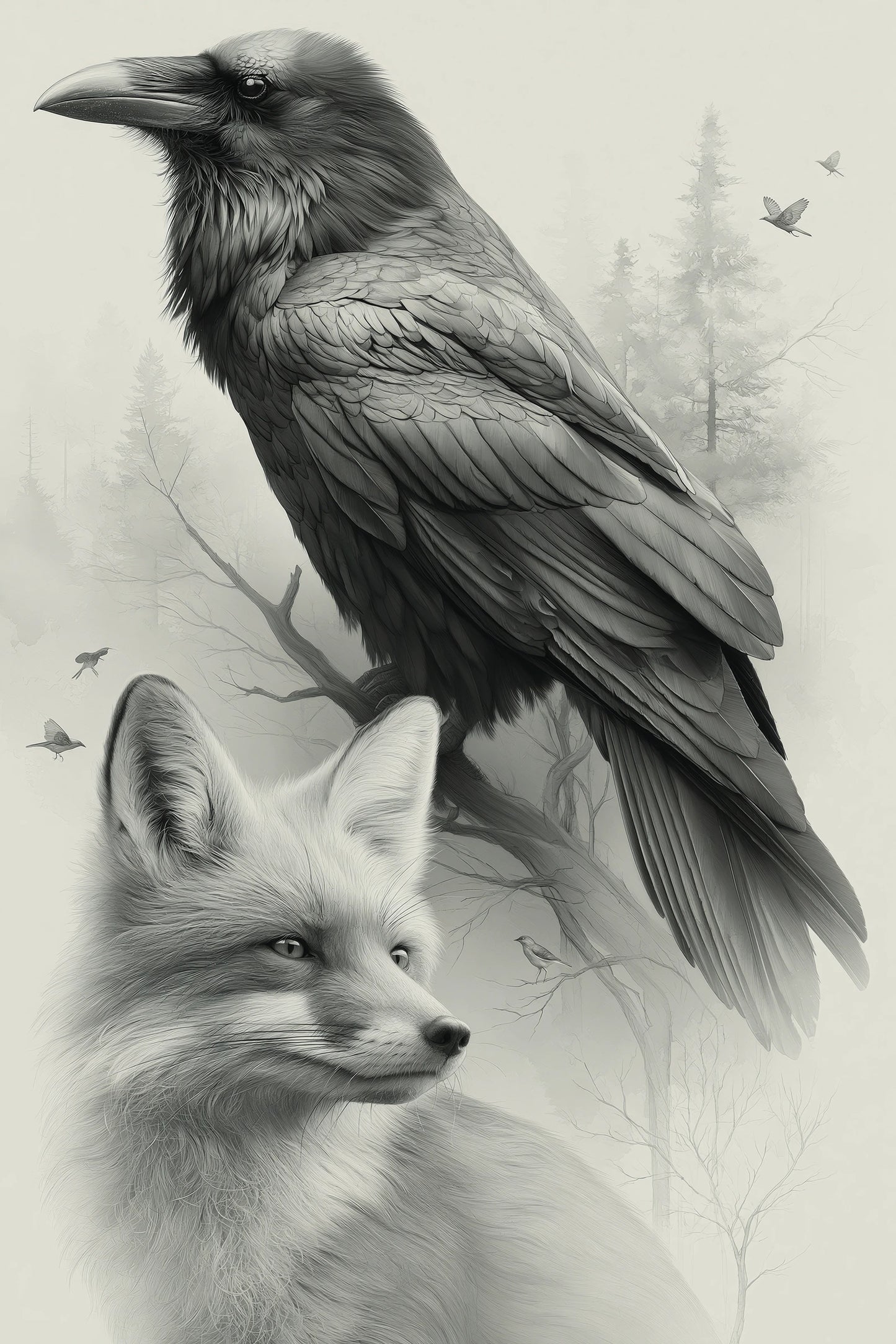 Tableau dessin poetique corbeau et renard en noir et gris - format XL