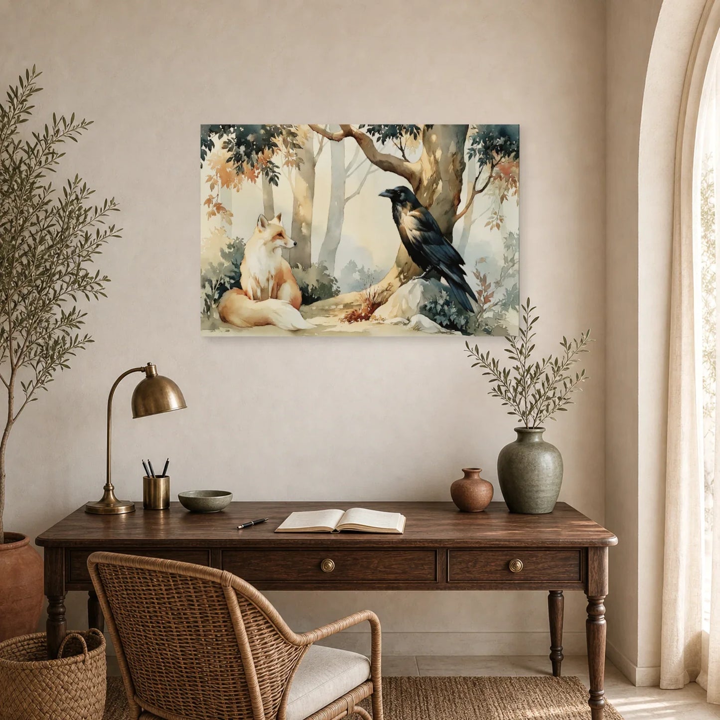 Tableau Corbeau Renard Illustration - Sous le Grand Arbre dans un bureau - Art Virtuoso