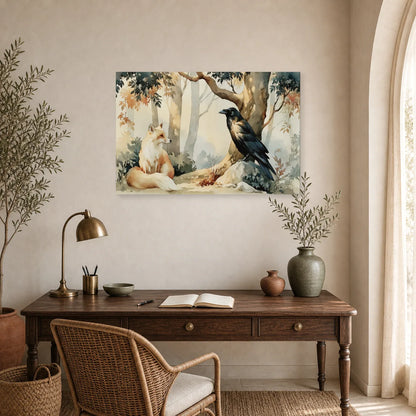 Tableau Corbeau Renard Illustration - Sous le Grand Arbre dans un bureau - Art Virtuoso
