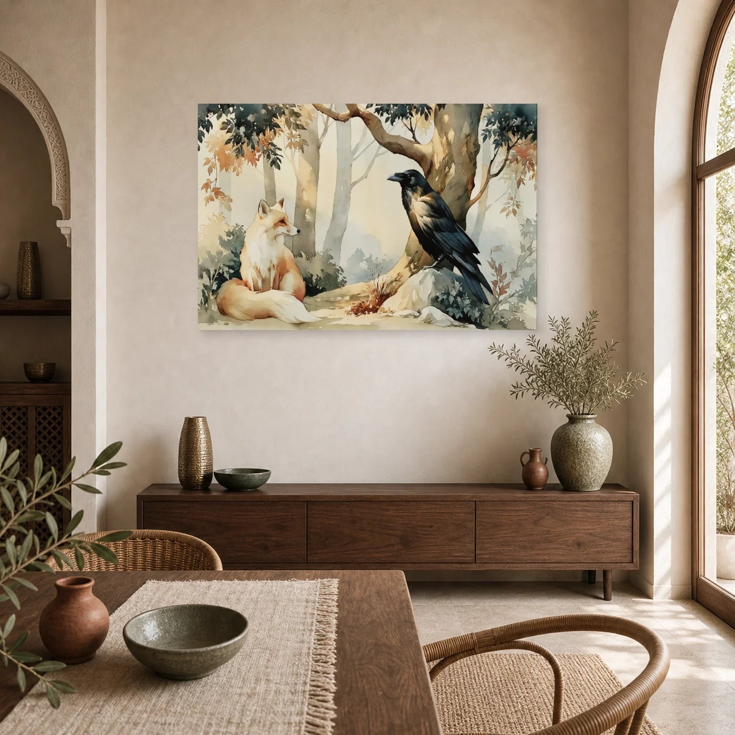 Tableau Corbeau Renard Illustration - Sous le Grand Arbre dans une cuisine - Art Virtuoso