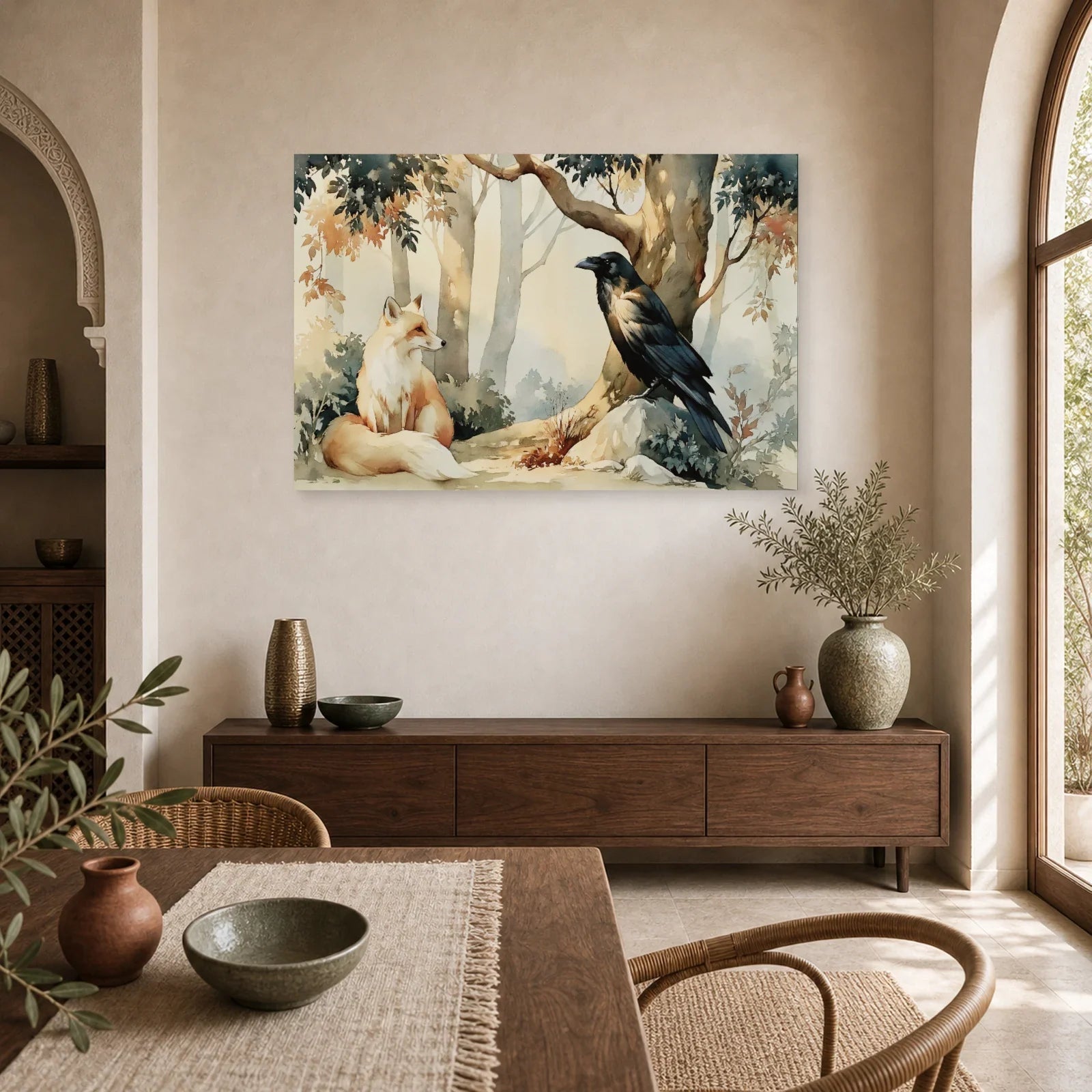 Tableau Corbeau Renard Illustration - Sous le Grand Arbre dans une cuisine - Art Virtuoso