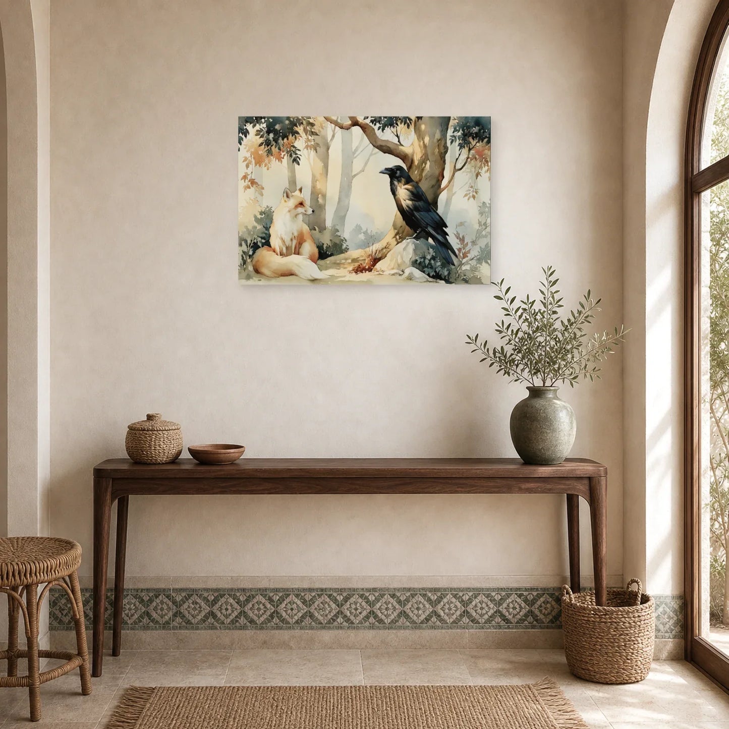 Tableau Corbeau Renard Illustration - Sous le Grand Arbre dans une entree ou un couloir - Art Virtuoso