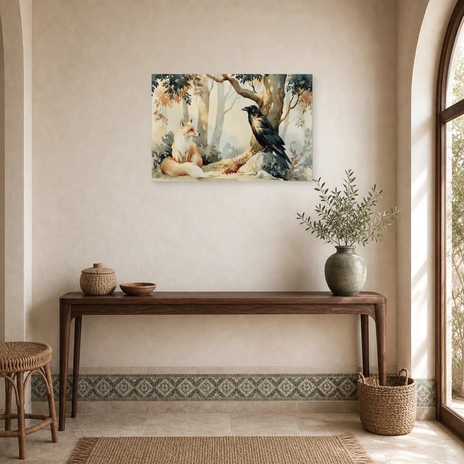 Tableau Corbeau Renard Illustration - Sous le Grand Arbre dans une entree ou un couloir - Art Virtuoso