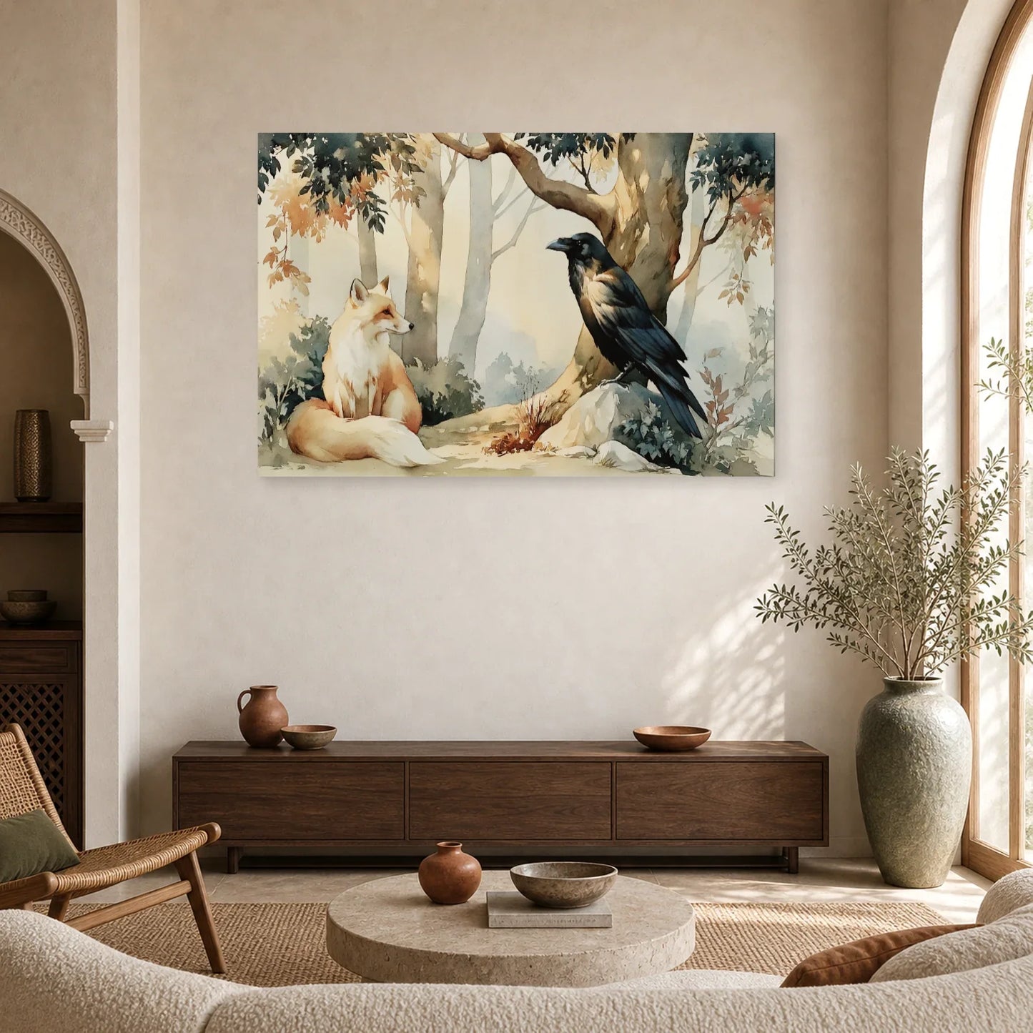 Tableau Corbeau Renard Illustration - Sous le Grand Arbre dans un salon - Art Virtuoso