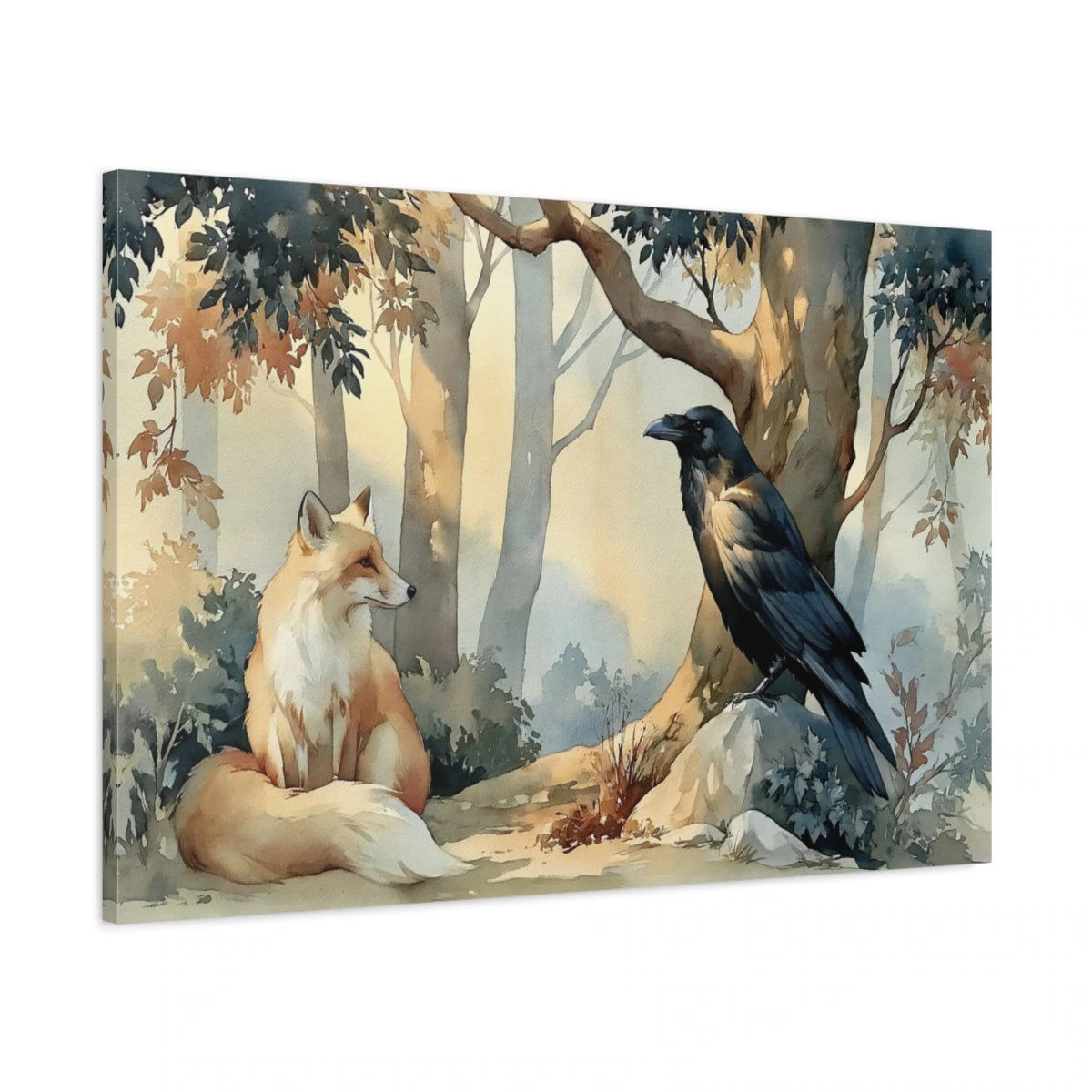 Tableau illustration renard et corbeau sous un arbre - toile 3D avec bords imprimés visibles
