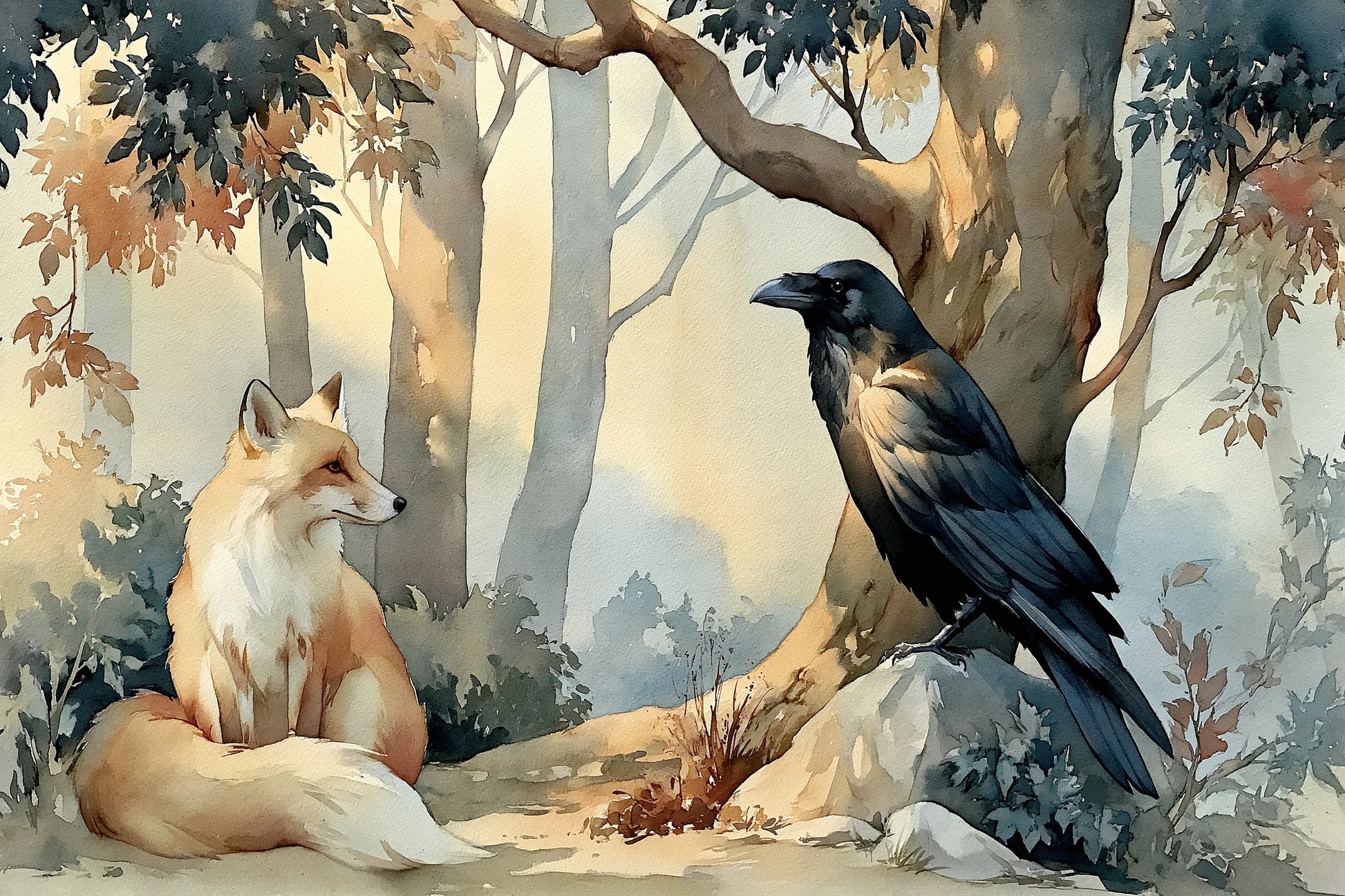 Grande toile narrative renard et corbeau dans un sous-bois – format XL