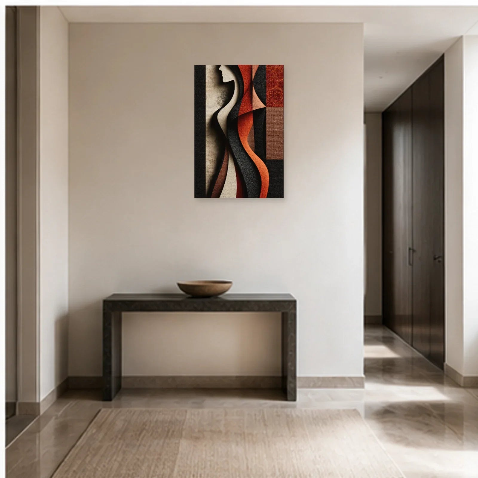 Tableau Corps de Femme Abstrait - Ligne Terracotta dans une entrée ou un couloir - Art Virtuoso