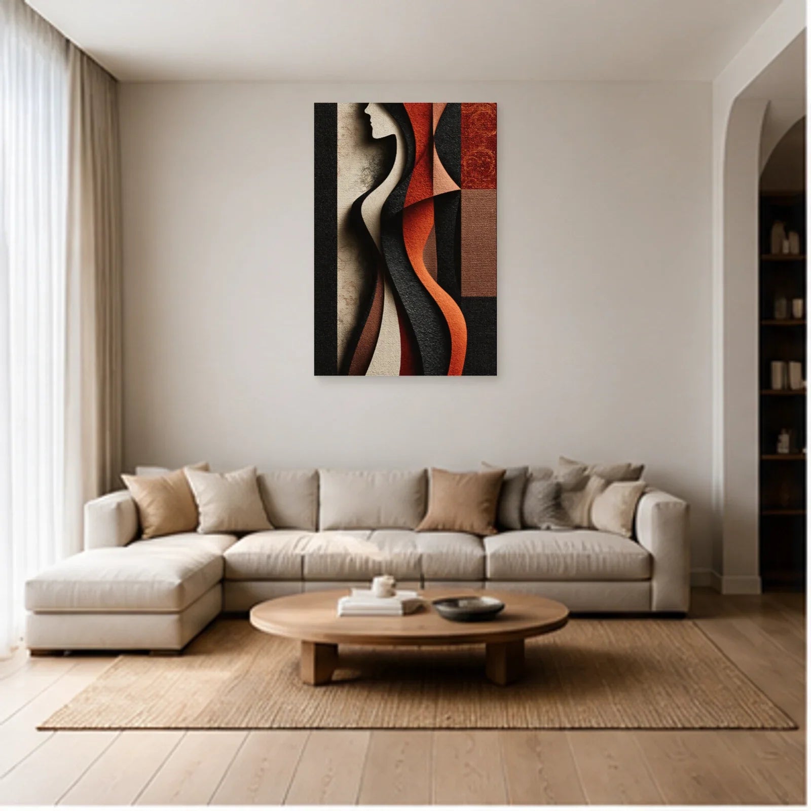Tableau Corps de Femme Abstrait - Ligne Terracotta dans un salon - Art Virtuoso