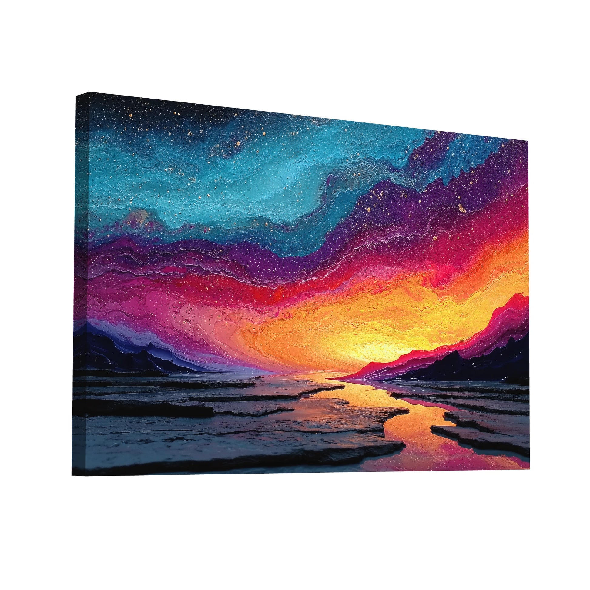 Product Hero 3D WebP Tableau Coucher de Soleil Contemporain : Aurore Cosmique - Art Virtuoso