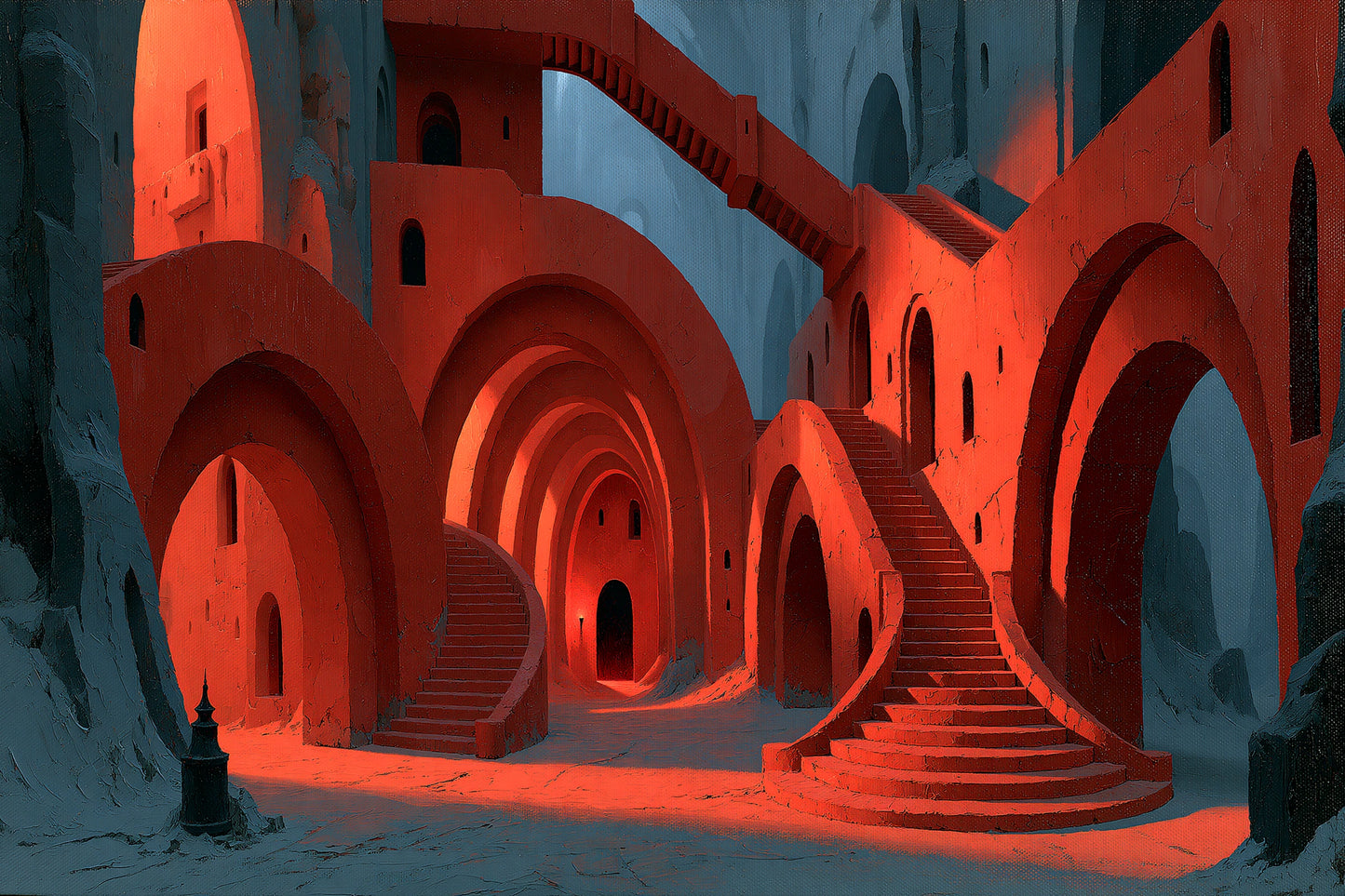 labyrinthe architectural rouge d’arches, d’escaliers et de passerelles, toile horizontale en taille L