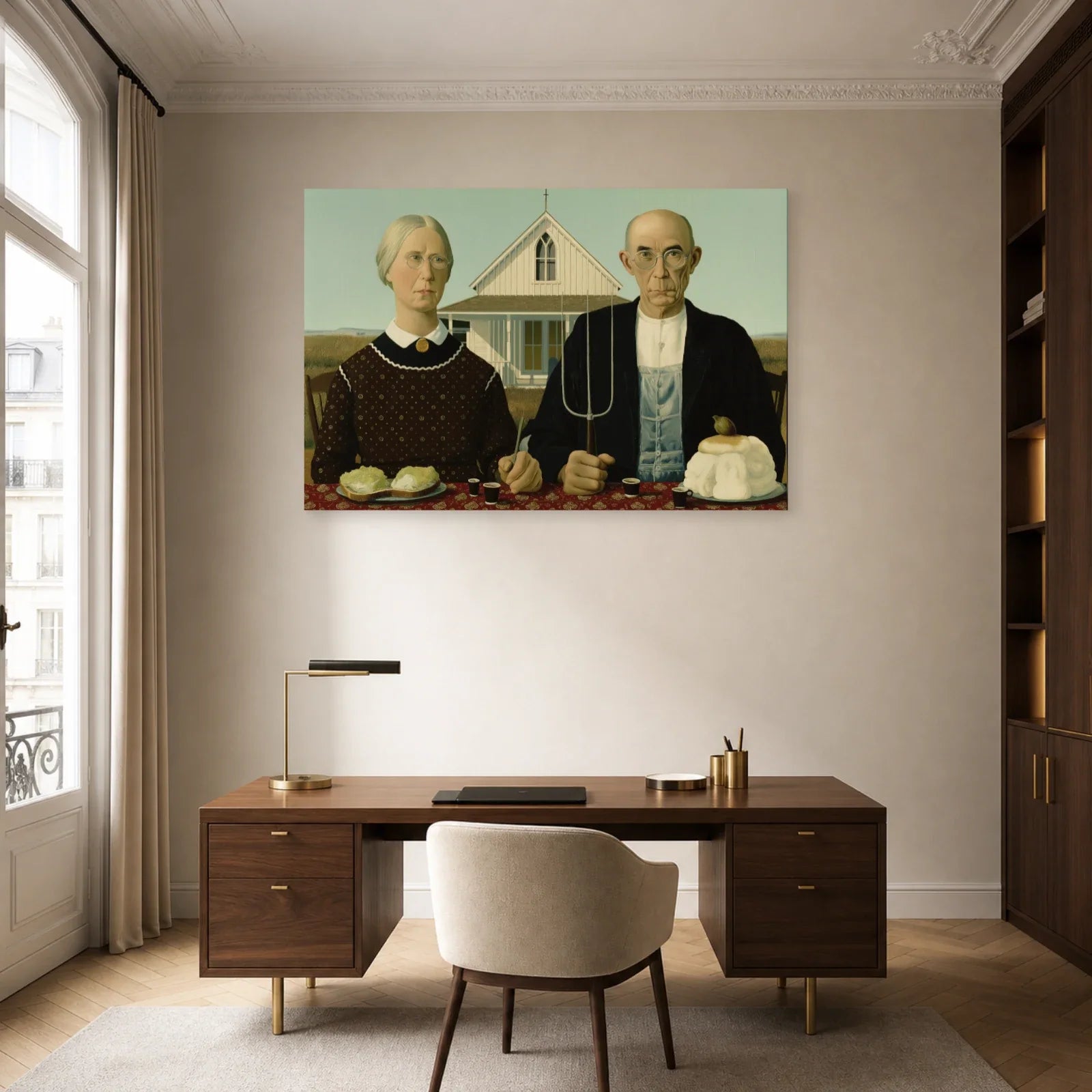 Tableau du duo rural installé dans un bureau aux tons sauge