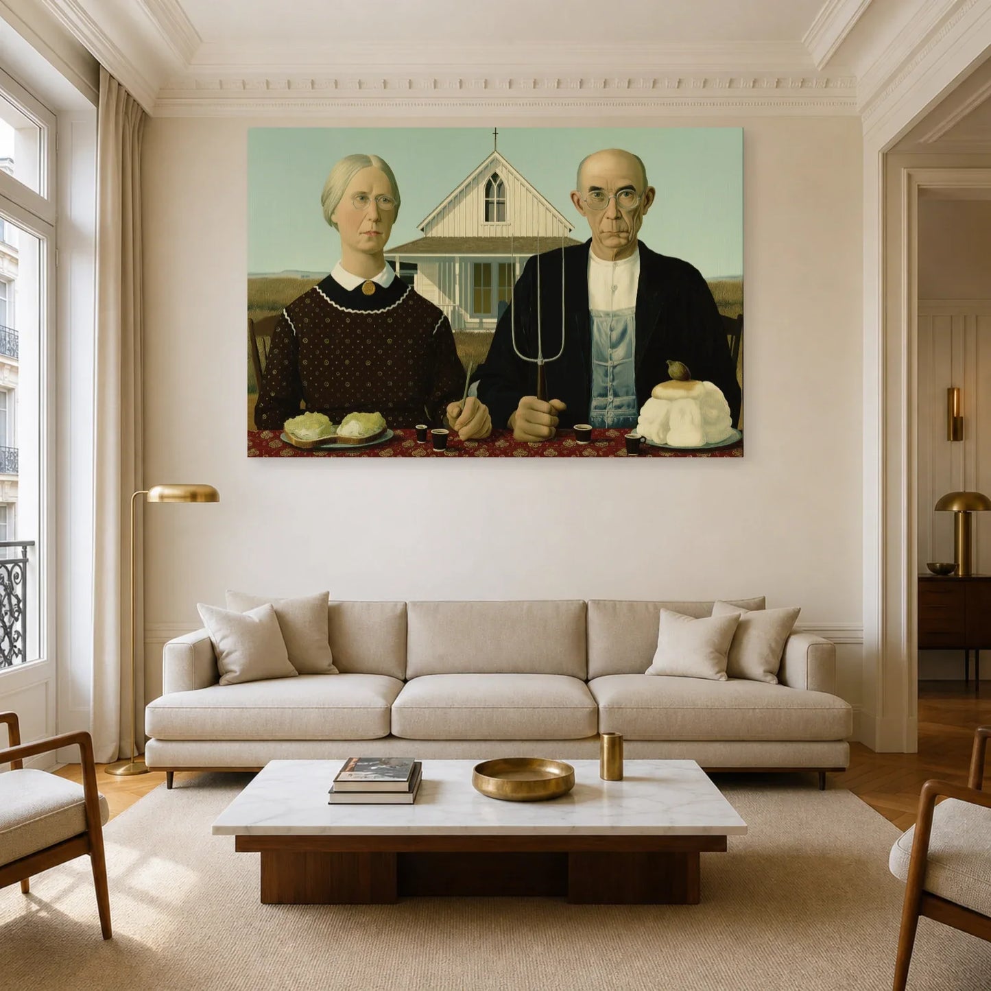 Tableau American Gothic revisité exposé dans un salon rustique