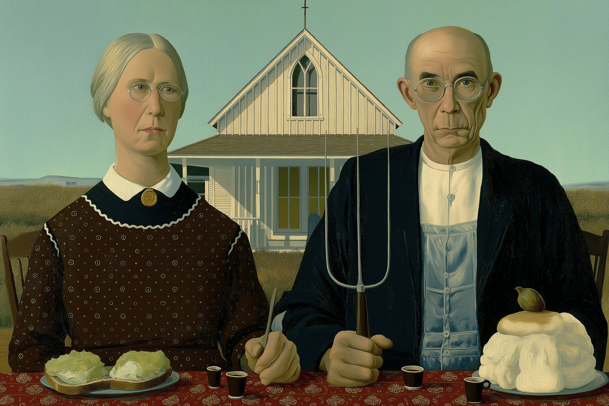 Tableau American Gothic revisité au format horizontal S, duo rural devant la maison blanche