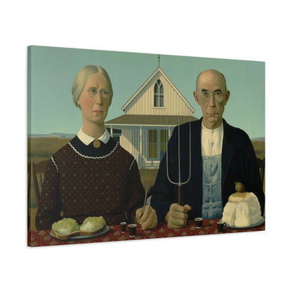 Vue 3D de côté du tableau American Gothic revisité au festin absurde