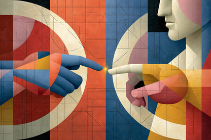Tableau mains aux aplats bleu profond et rouge brique, format L