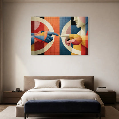 Tableau bleu rouge et crème présenté dans une chambre