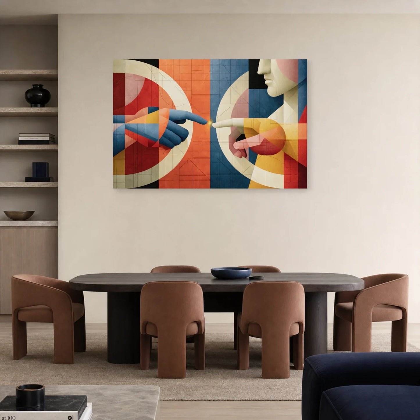 Deux mains cubistes accrochées dans une salle à manger