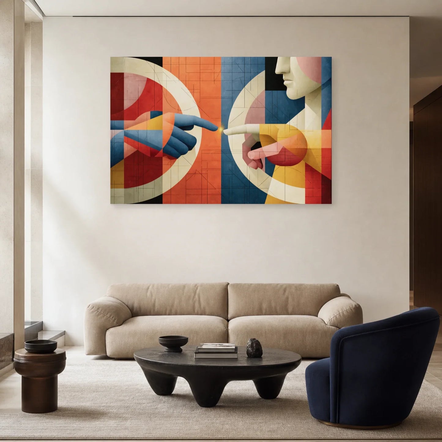 Tableau mains cubiste exposé au-dessus d'un canapé de salon