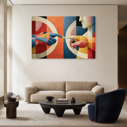Tableau mains cubiste exposé au-dessus d'un canapé de salon