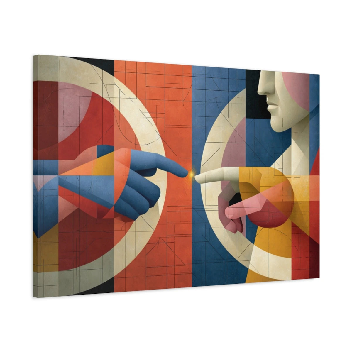 Vue 3D de côté du tableau aux deux mains cubistes et étincelle orange