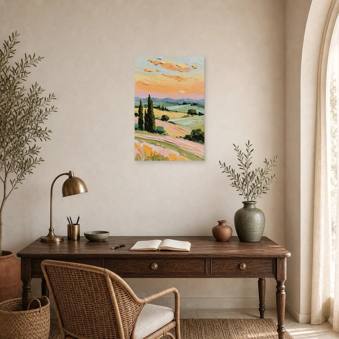 Tableau Cyprès Provence Coucher Soleil - Soir sur les Collines dans un bureau - Art Virtuoso