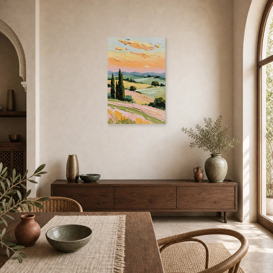 Tableau Cyprès Provence Coucher Soleil - Soir sur les Collines dans une cuisine - Art Virtuoso