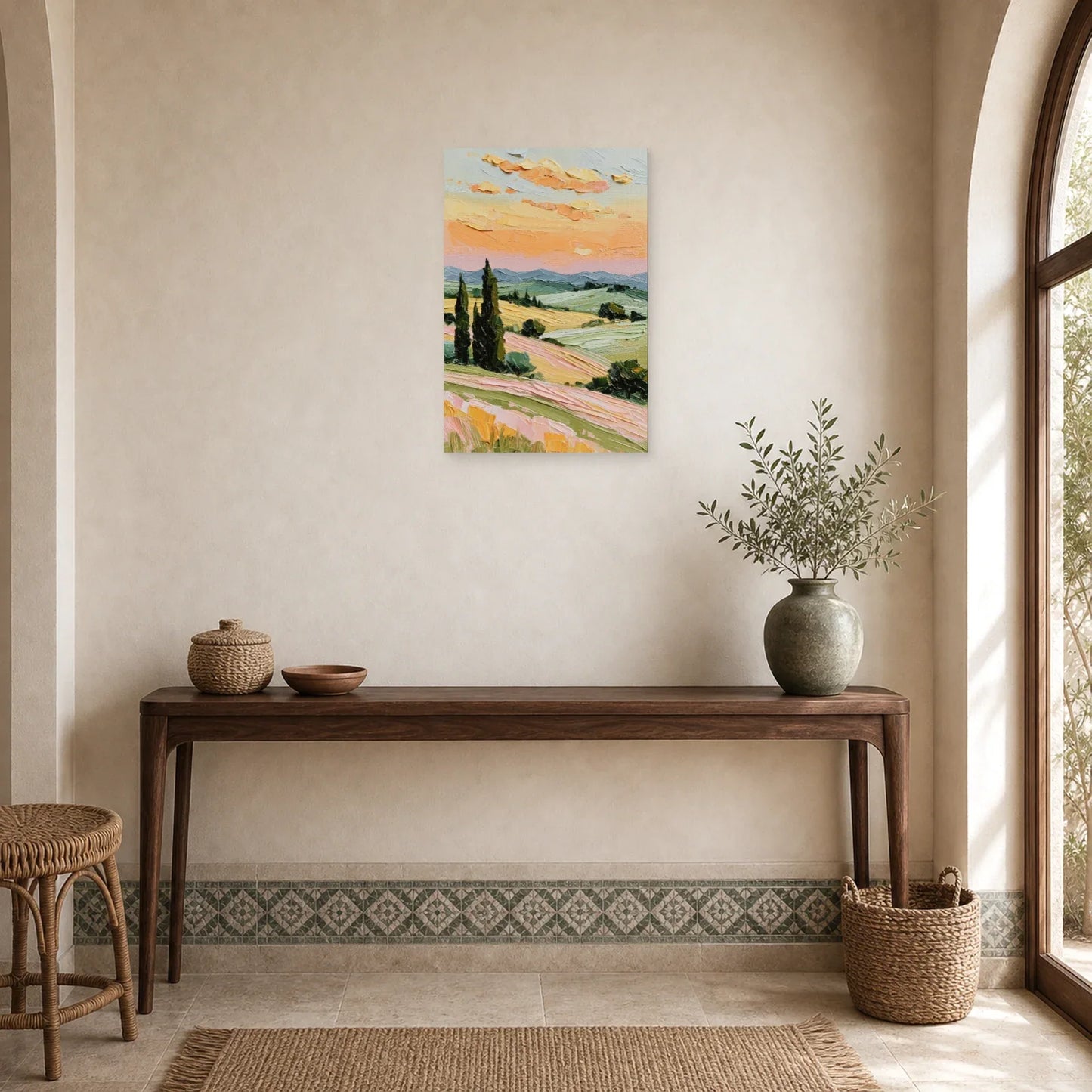 Tableau Cyprès Provence Coucher Soleil - Soir sur les Collines dans une entree ou un couloir - Art Virtuoso