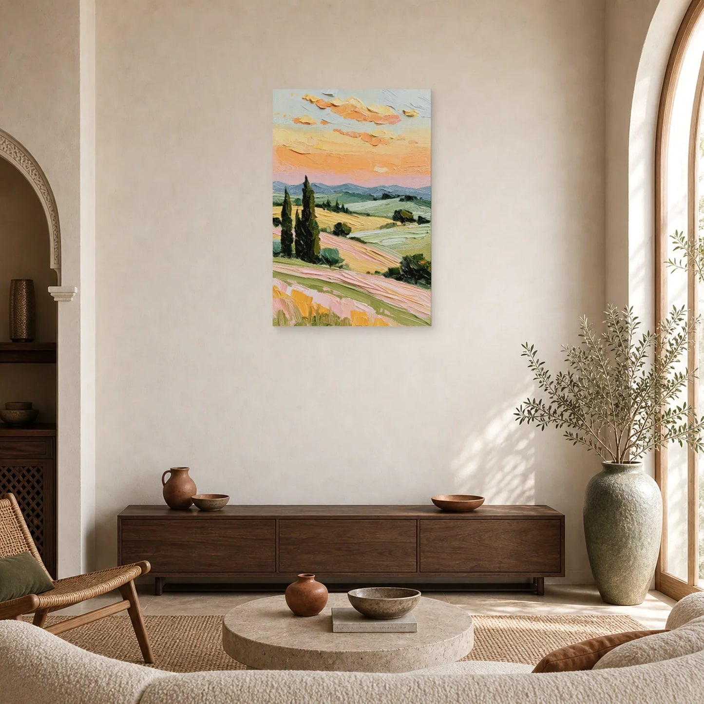 Tableau Cyprès Provence Coucher Soleil - Soir sur les Collines dans un salon - Art Virtuoso