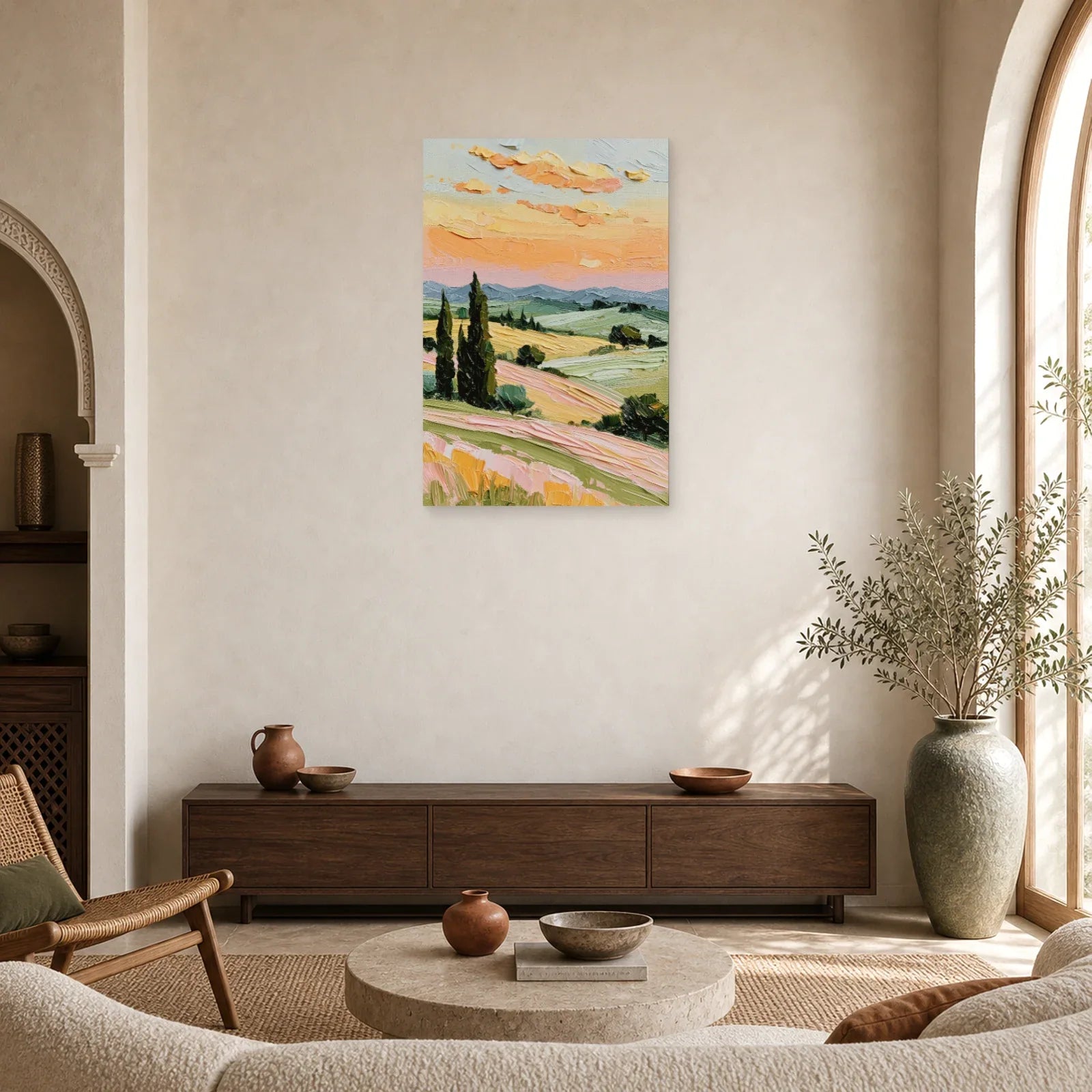Tableau Cyprès Provence Coucher Soleil - Soir sur les Collines dans un salon - Art Virtuoso