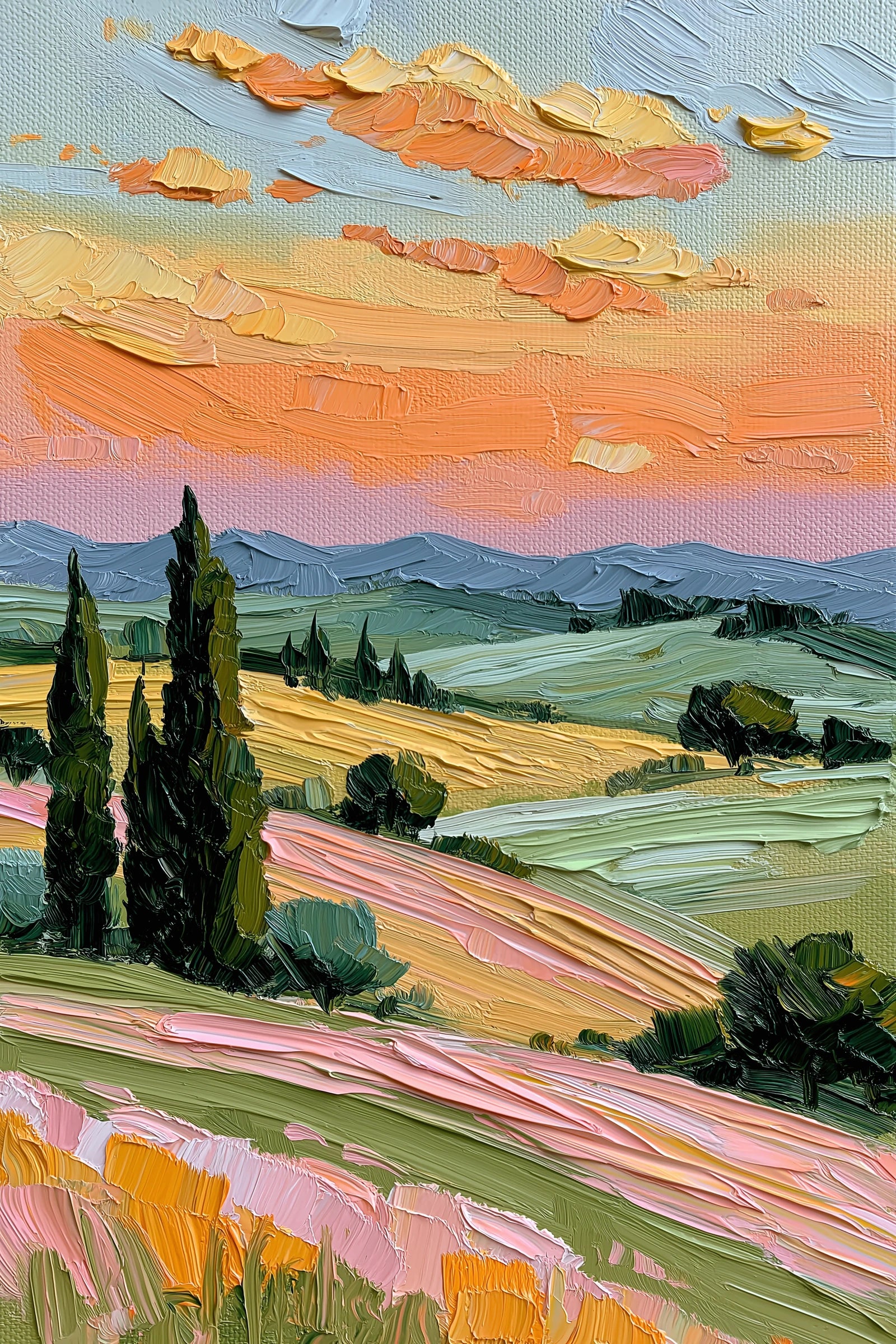 Tableau cyprès de Provence au coucher du soleil - format S