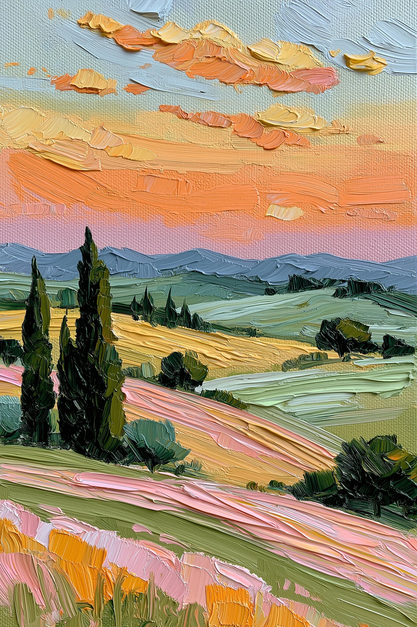 Tableau cyprès de Provence au coucher du soleil - format XL