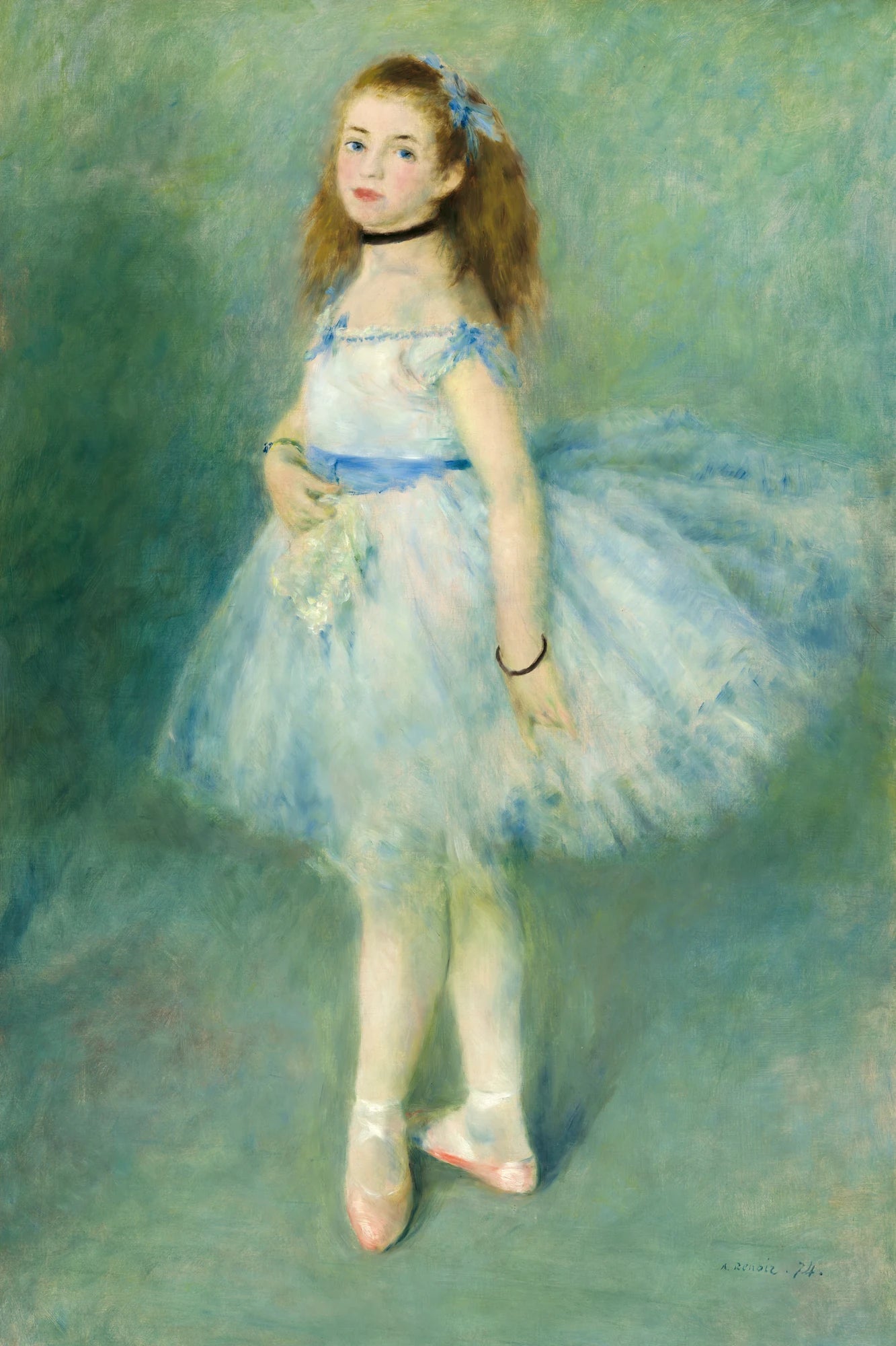 Danseuse en tutu bleu et chaussons roses sur fond vert, toile S