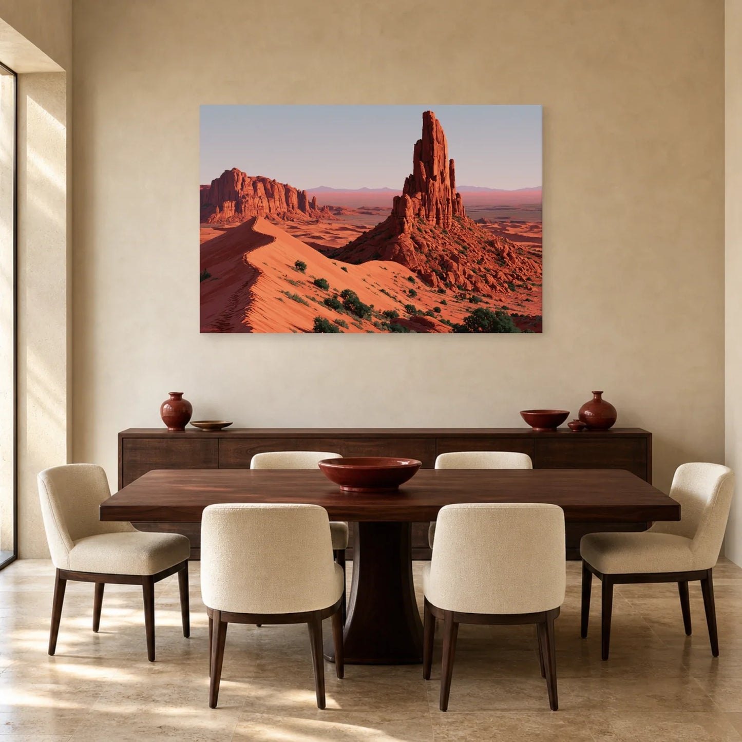 Tableau désert rouge et horizon lavande présenté dans une salle à manger