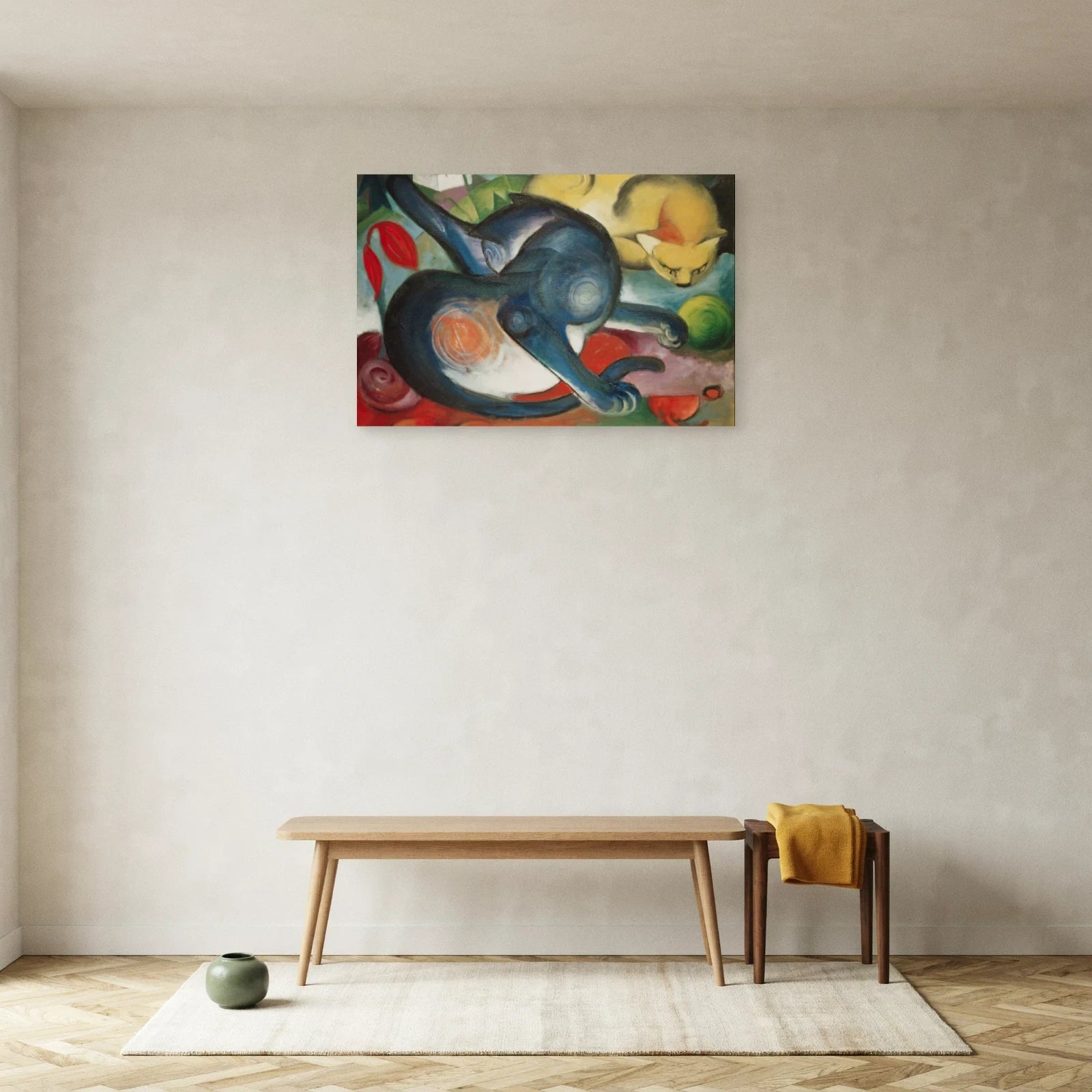 Tableau Deux Chats, bleu et jaune – Franz Marc dans une entrée ou un couloir - Art Virtuoso