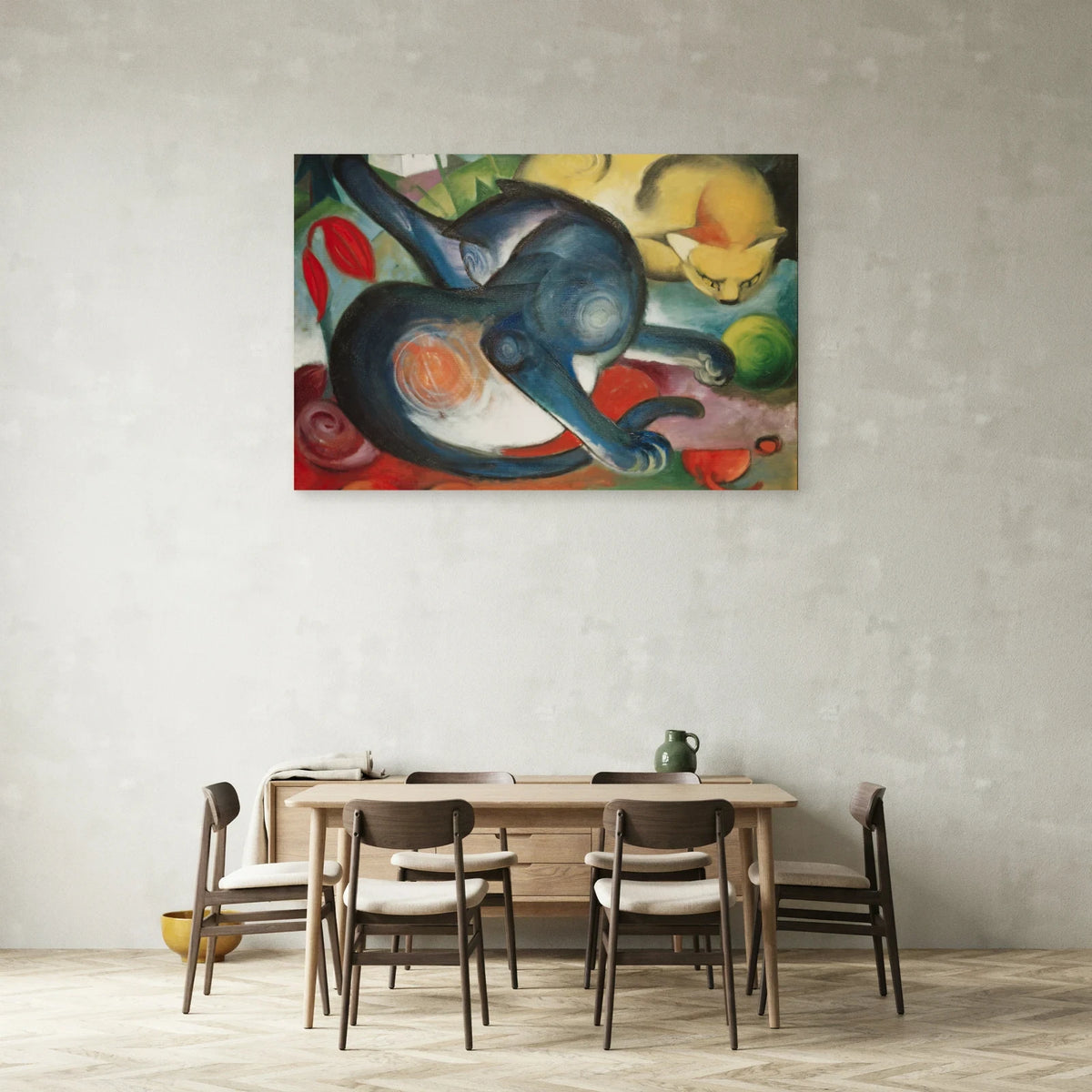 Tableau Deux Chats, bleu et jaune – Franz Marc dans une salle à manger - Art Virtuoso