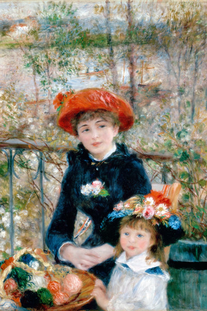 Jeune femme au chapeau rouge et fillette sur une terrasse, toile S