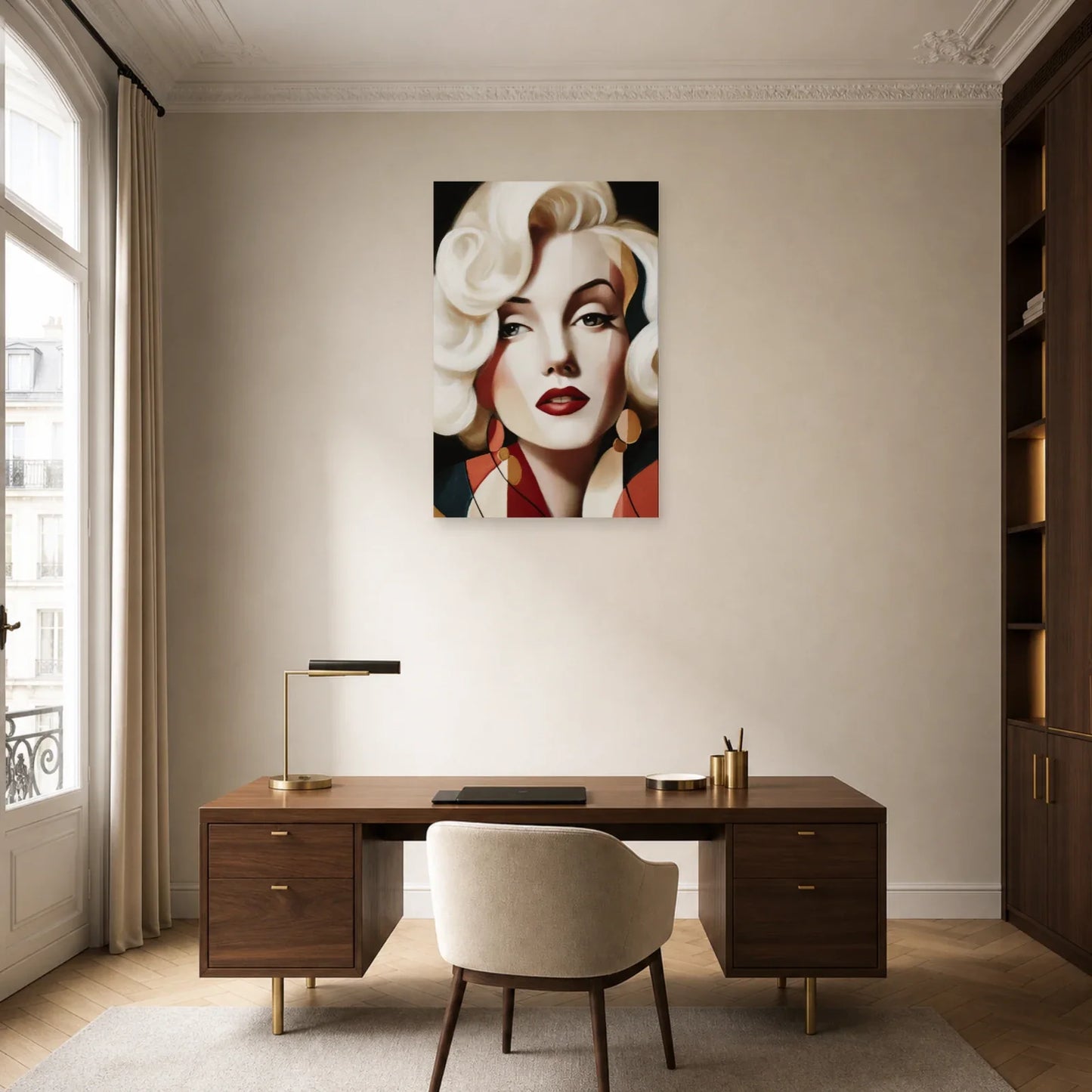 Tableau diva aux boucles ivoire installé dans un bureau sombre