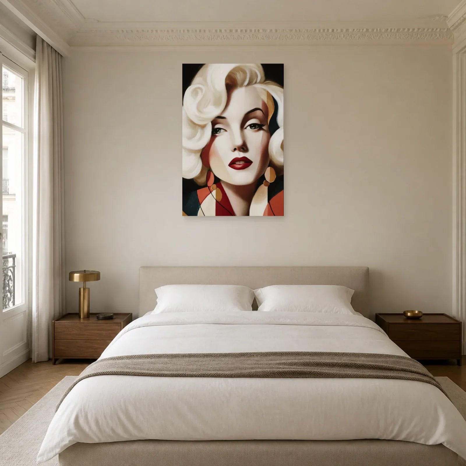 Portrait glamour rouge et ivoire présenté dans une chambre