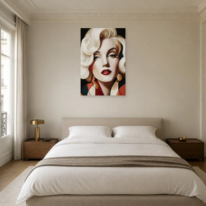 Portrait glamour rouge et ivoire présenté dans une chambre