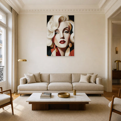 Portrait de femme rétro géométrique exposé dans un salon élégant