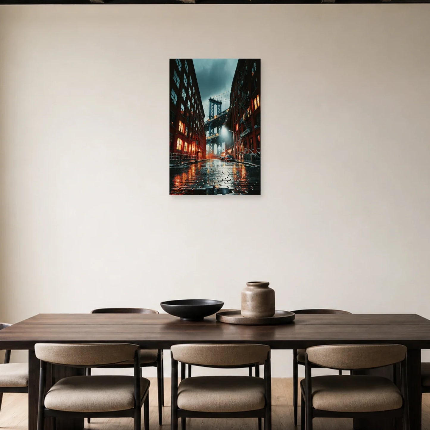 Tableau DUMBO Manhattan Bridge - Pavés de Pluie - tableau New York dans une salle à manger - Art Virtuoso
