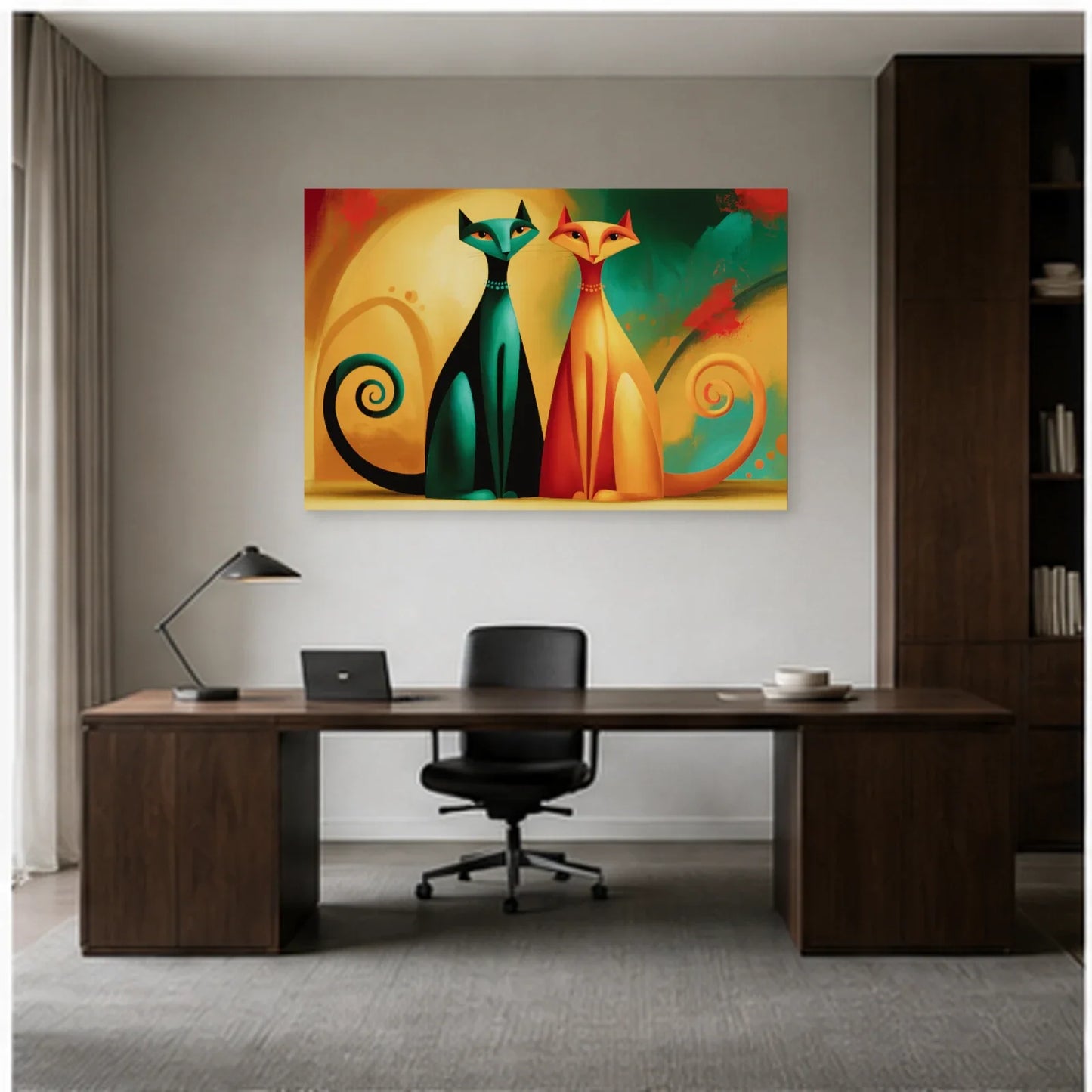 Tableau Duo Chats Bohème Stylisés dans un bureau - Art Virtuoso