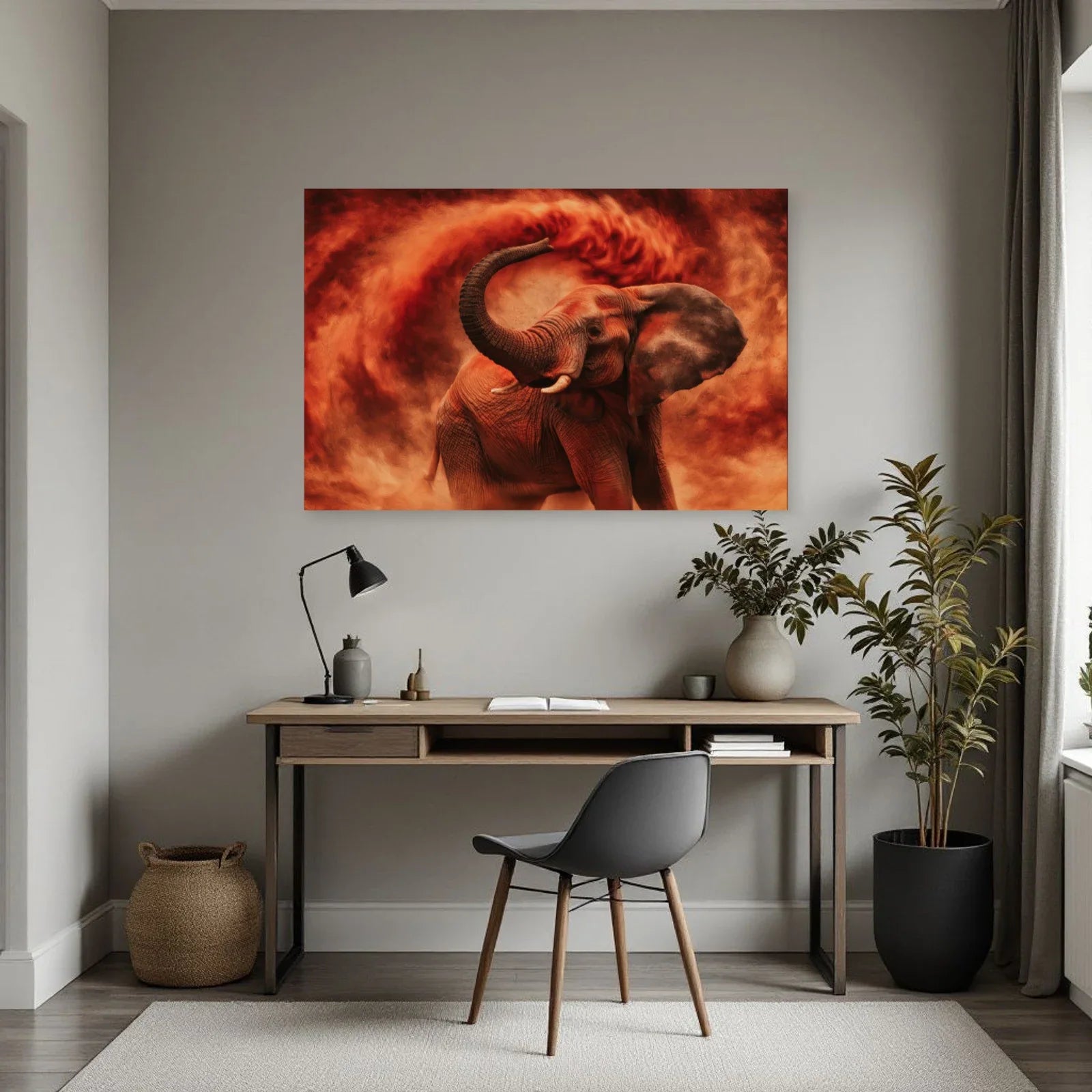 Tableau Éléphant Bain de Poussière dans un bureau - Art Virtuoso