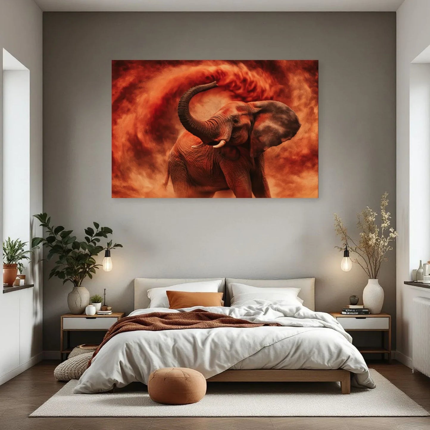 Tableau Éléphant Bain de Poussière dans une chambre - Art Virtuoso