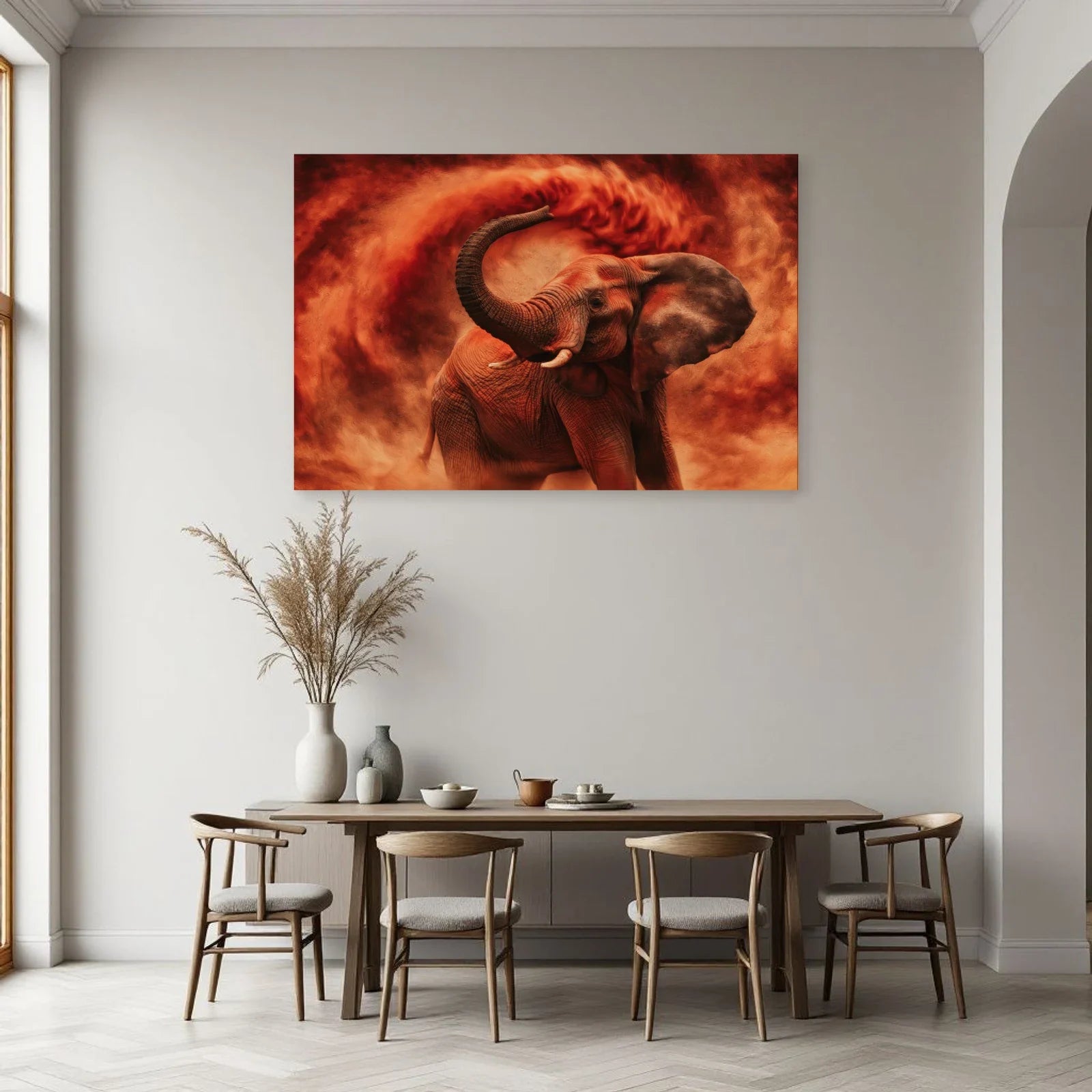Tableau Éléphant Bain de Poussière dans une salle à manger - Art Virtuoso