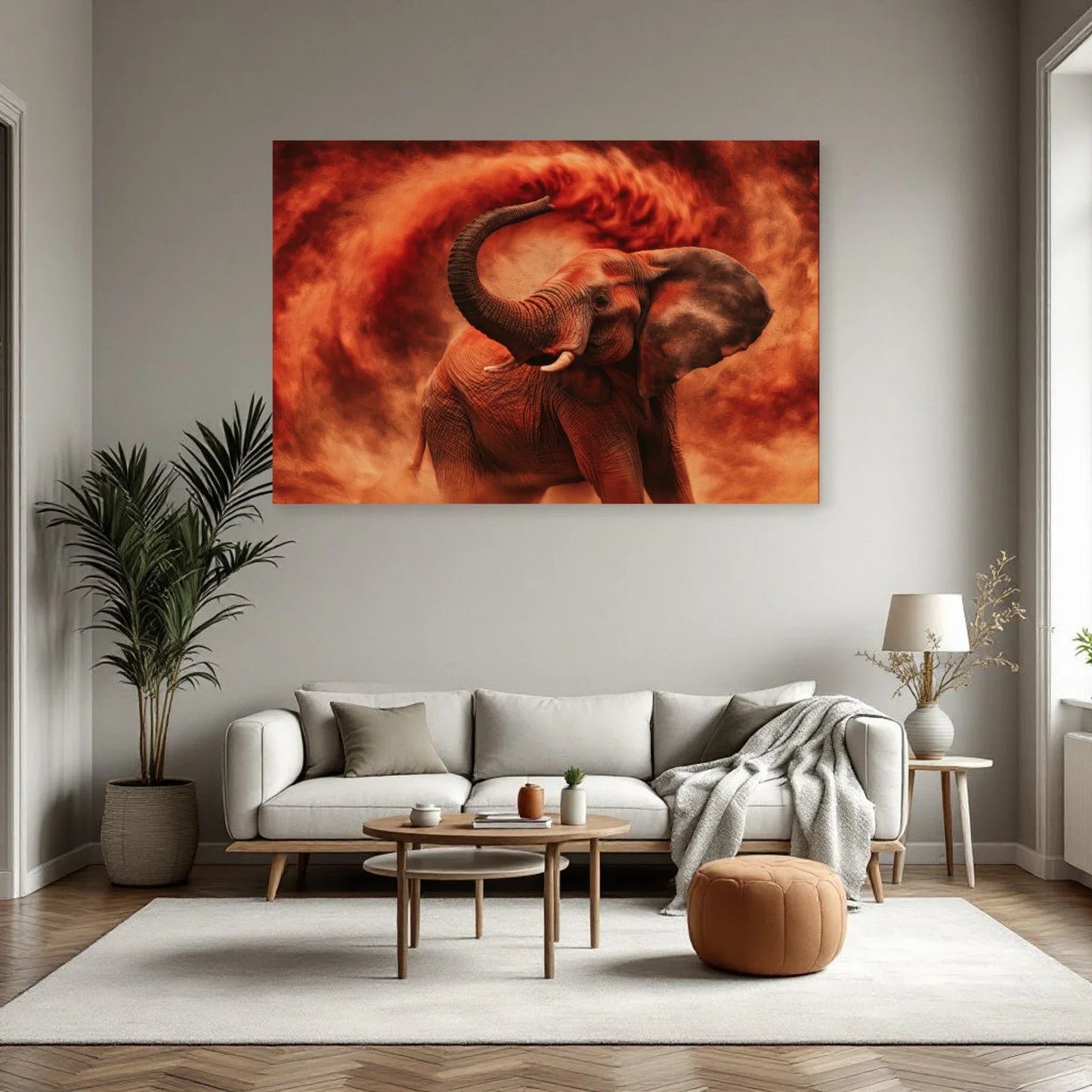 Tableau Éléphant Bain de Poussière dans un salon - Art Virtuoso