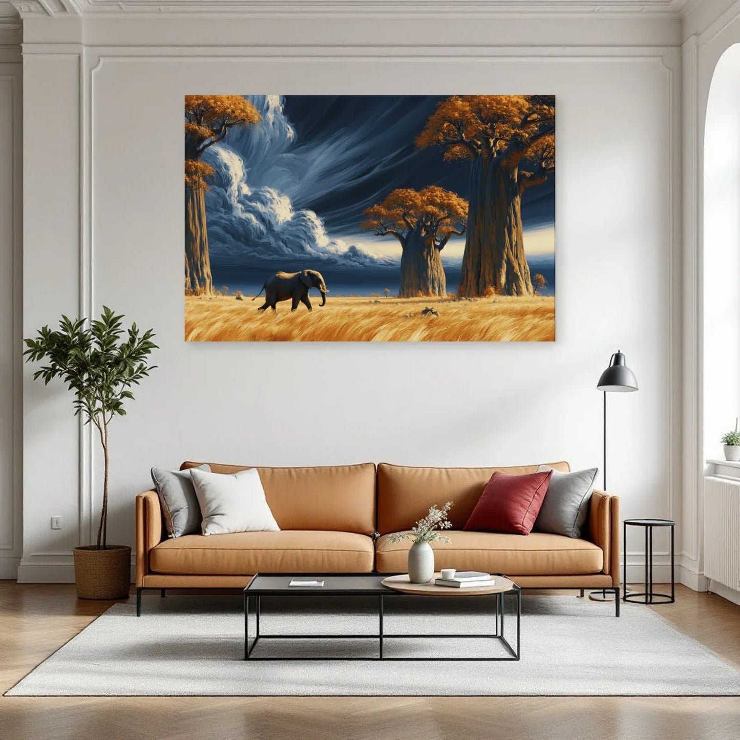 Tableau Éléphant Baobabs dans un salon - Art Virtuoso