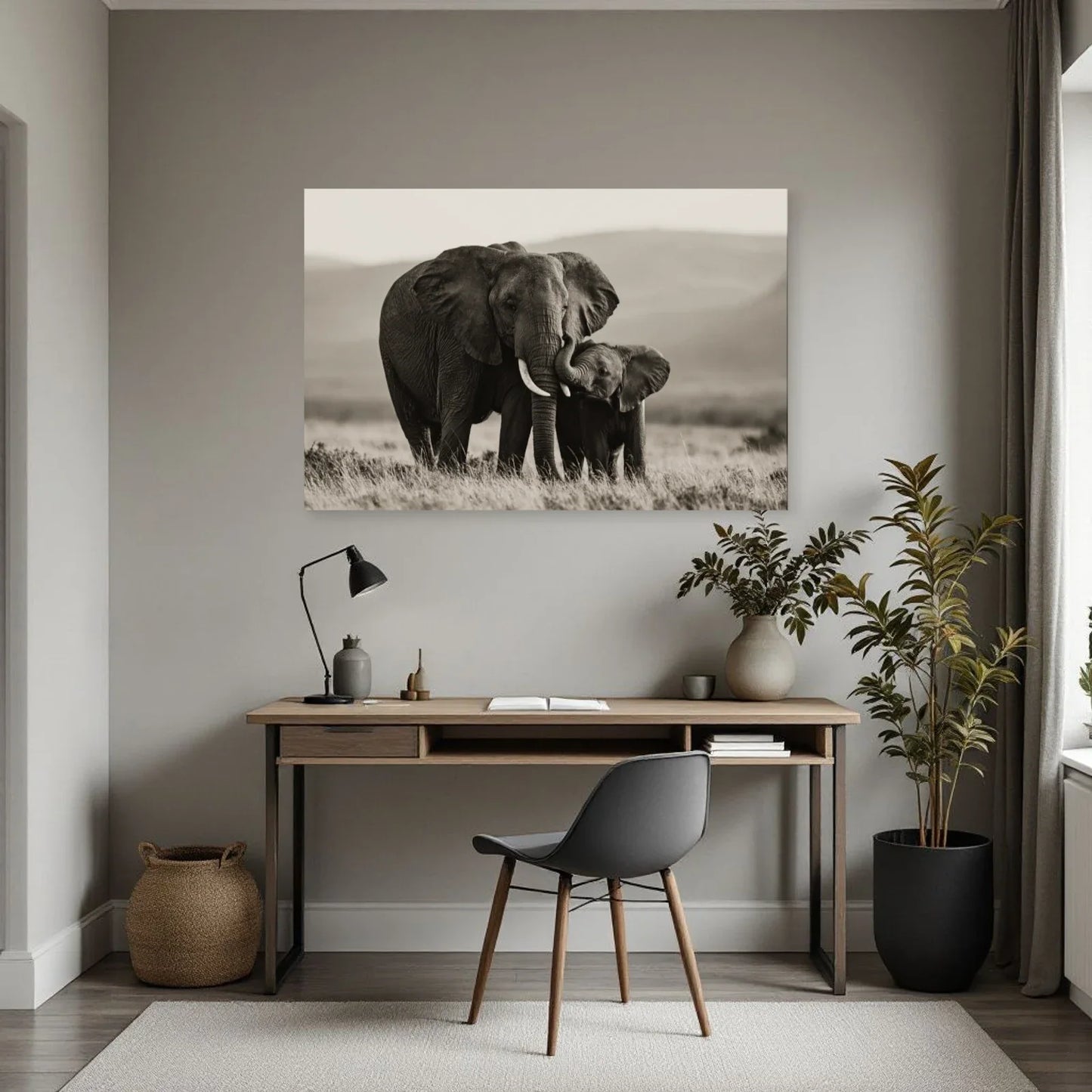 Tableau Éléphant et Éléphanteau Noir et Blanc dans un bureau - Art Virtuoso