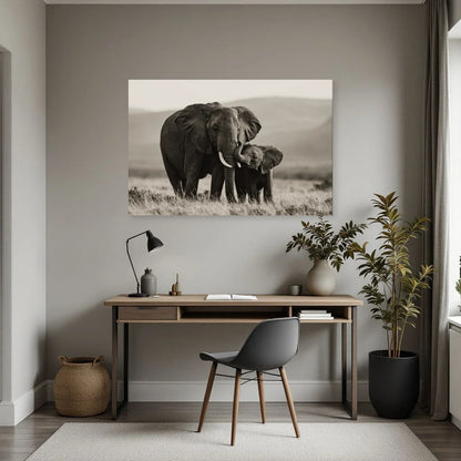 Tableau Éléphant et Éléphanteau Noir et Blanc dans un bureau - Art Virtuoso